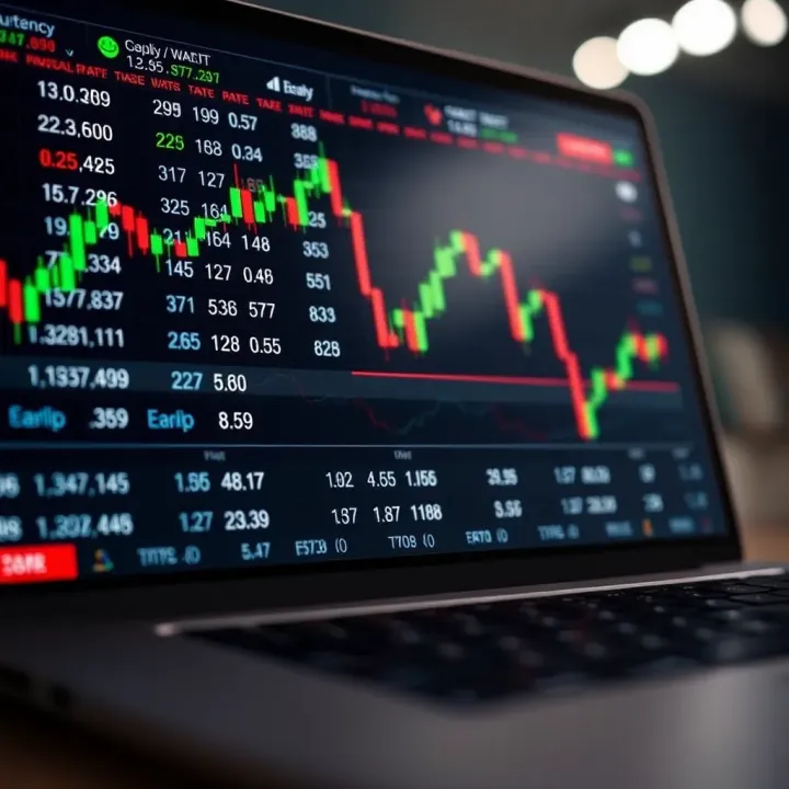 Digital chart showing currency exchange rates and a laptop with trading platform interface