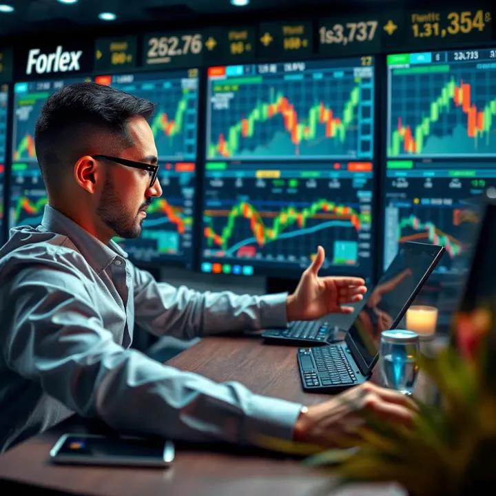 Conceptual illustration of a trader analyzing forex signals on digital devices with market charts