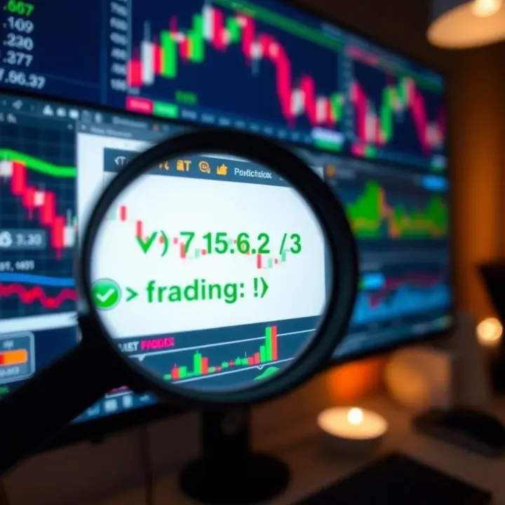 Evaluating Forex Brokers Based on Regulation and Trading Platforms Illustration of a magnifying glass focusing on a computer screen displaying forex trading charts and broker ratings