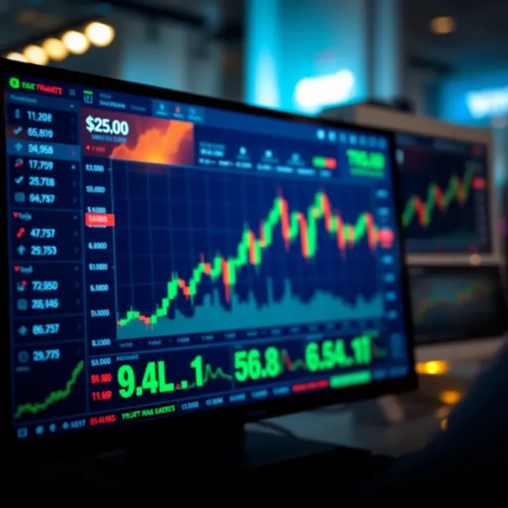 Graphic of a digital trading platform interface displaying market charts and trading options