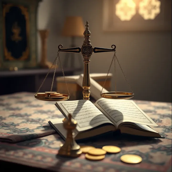 Illustration of Islamic finance principles symbolized by traditional scales and a Quran