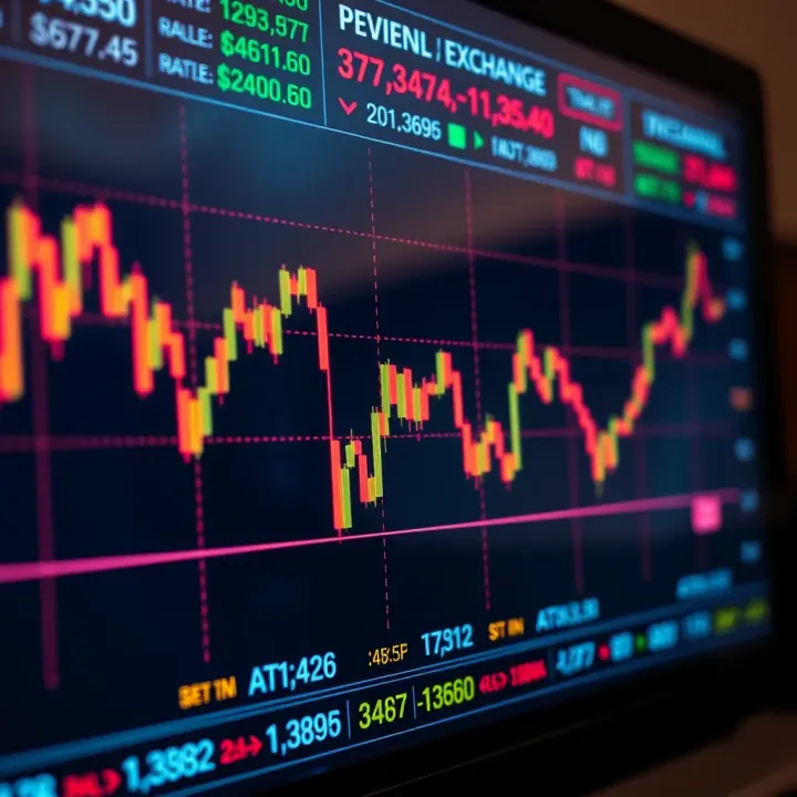 Graph showing currency exchange rates fluctuating on a digital trading platform screen