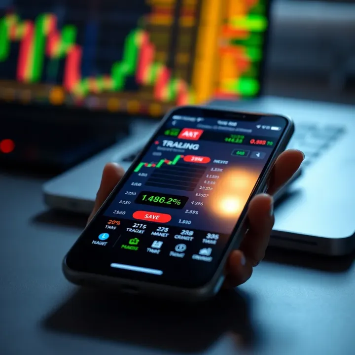 Smartphone displaying a trading app interface with stock charts and real-time market data
