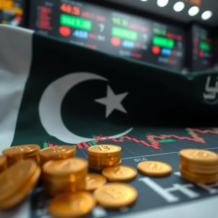 Illustration of Pakistani flag with forex currency symbols and financial graphs