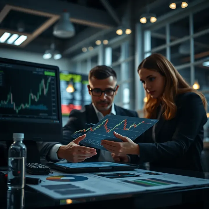 Business team analyzing risk management data charts and graphs on a digital tablet