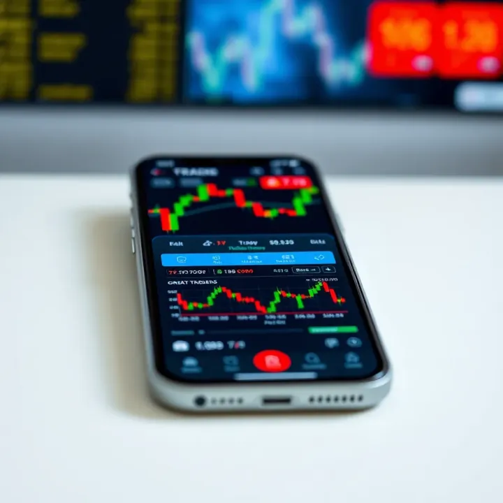 Mobile phone screen displaying a popular trading application interface with charts and market data