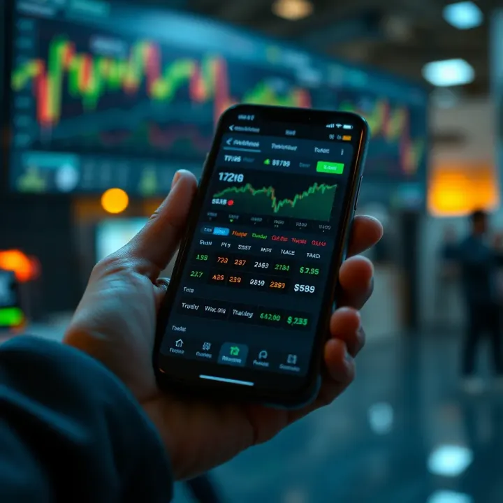 Smartphone screen showing a trading app interface with charts and trading options