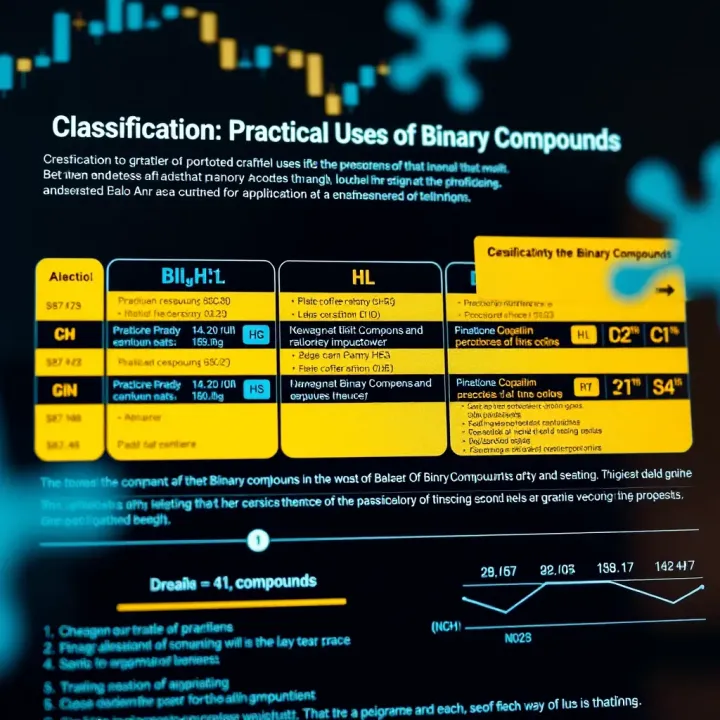 Chart depicting the classification of binary compounds with examples and their common applications in industry and research