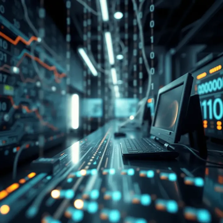 Visualization of binary code flowing through digital circuits representing data processing in computers