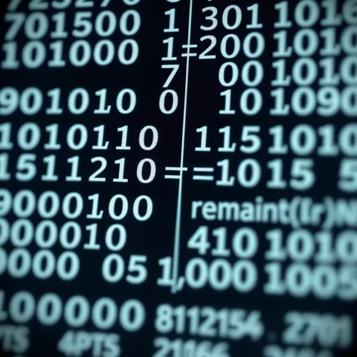 Illustration showing the division of binary numbers with quotient and remainder highlighted