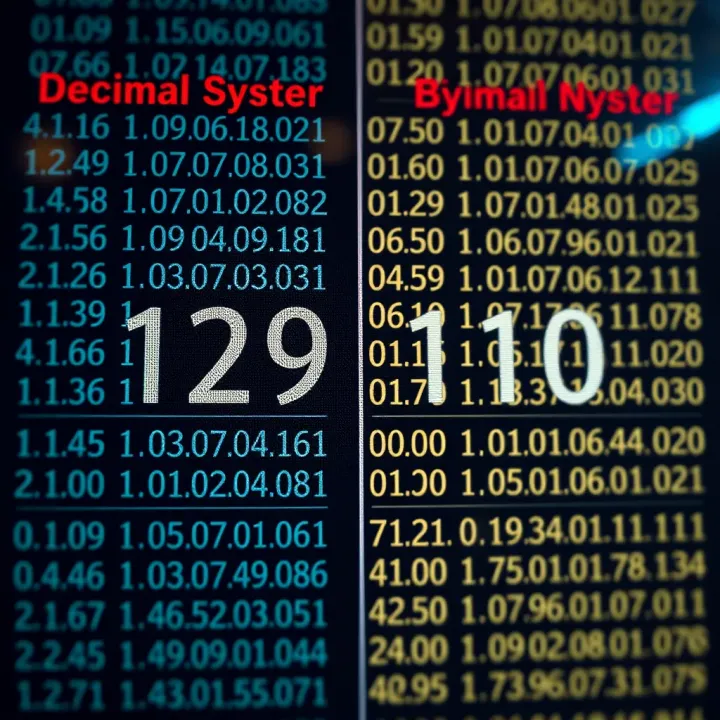 Comparison chart illustrating decimal and binary number systems side by side