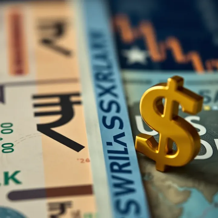Illustration of forex currency pairs with Pakistani rupee and US dollar symbols representing trading exchange