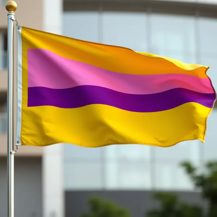 Non-binary pride flag featuring four horizontal stripes in yellow, white, purple, and black colors